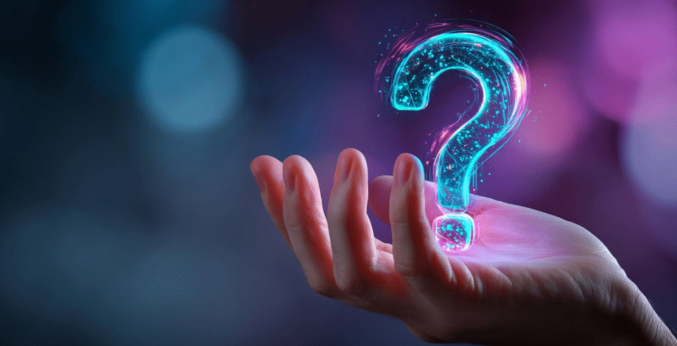 Learn More Hero Image with a question mark on a hand. Learn more about office pods from My Office Pod.